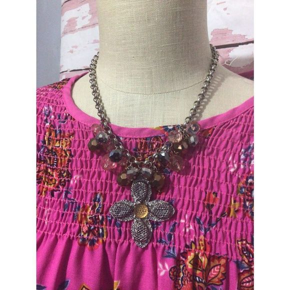NWT New Bohemian Flower Beaded Necklace Silver & Gold Chunky Chain 20” - Picture 14 of 16